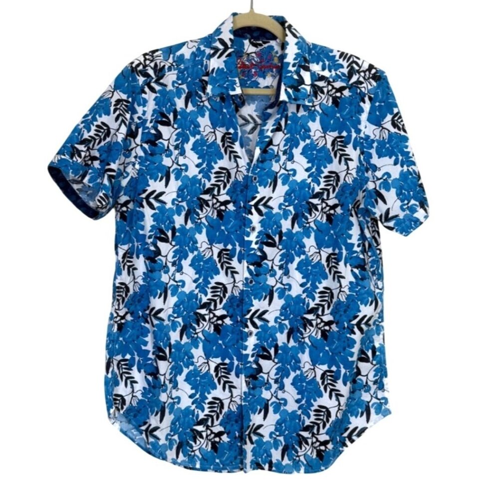 Robert Graham Mens Short Sleeve Shirt Connell Blue Black Hawaiian Cotton Size M